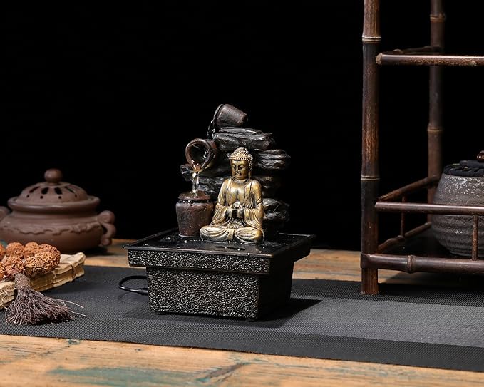 Tabletop Water Fountain Buddha Statue Desktop Indoor Waterfall Fountain Tabletop Humidifiers Home Decoration for Office, Living Room, or Bedroom