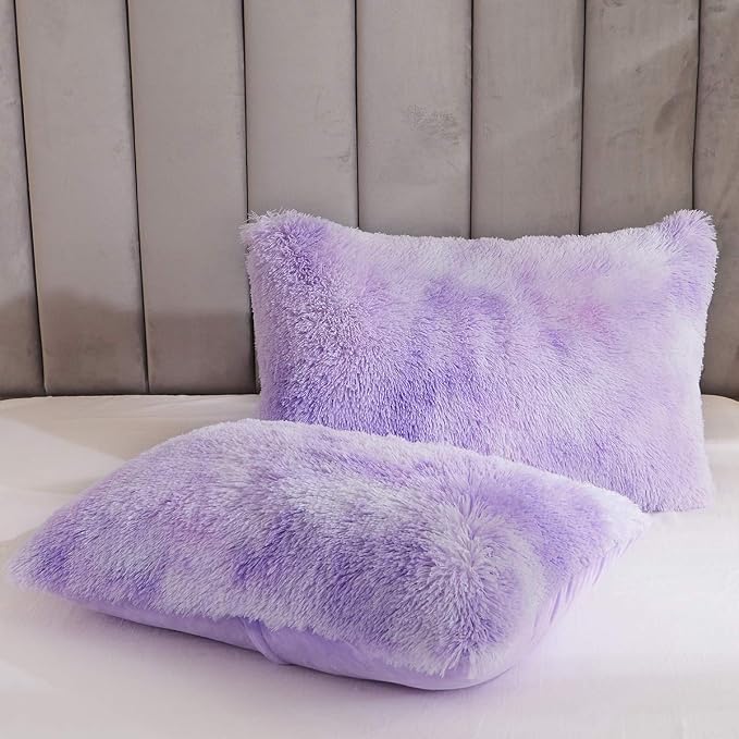 Tie Dye Printed Faux Fur Bedding Set Modern Abstract Shaggy Plush Duvet Cover with Pillow Shams, Ultra Soft Warm (King, Tie Dye Lilac)