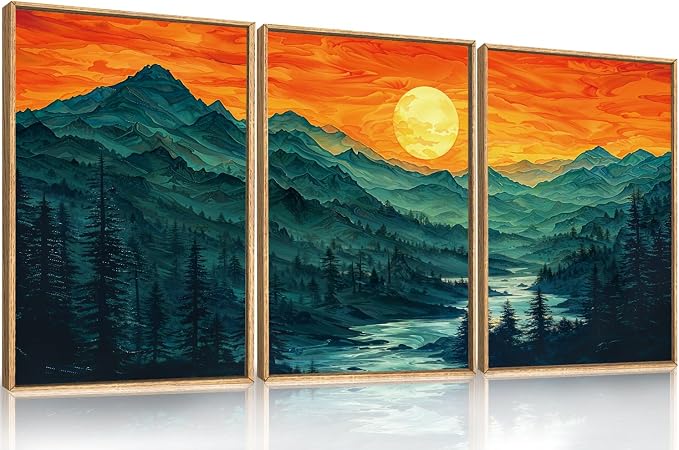 Woodland Mountain Framed Canvas Wall Art Set, Abstract Ridge Wall Painting, Boho Sunset Scenery Wall Decor, Modern Natural Landscape Art Print for Living Room, Bedroom, Office - 24"x36"x3