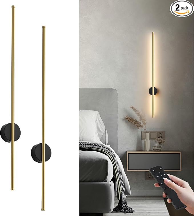 Battery Operated Modern Wall Sconce Set of Two,Rechargeable Wireless Wall Lights with Remote Control,Dimmable,3 CCT,Cordless Lighting Fixtures for Bedroom,Living Room,Hallway,39.3 Inch,Black Gold