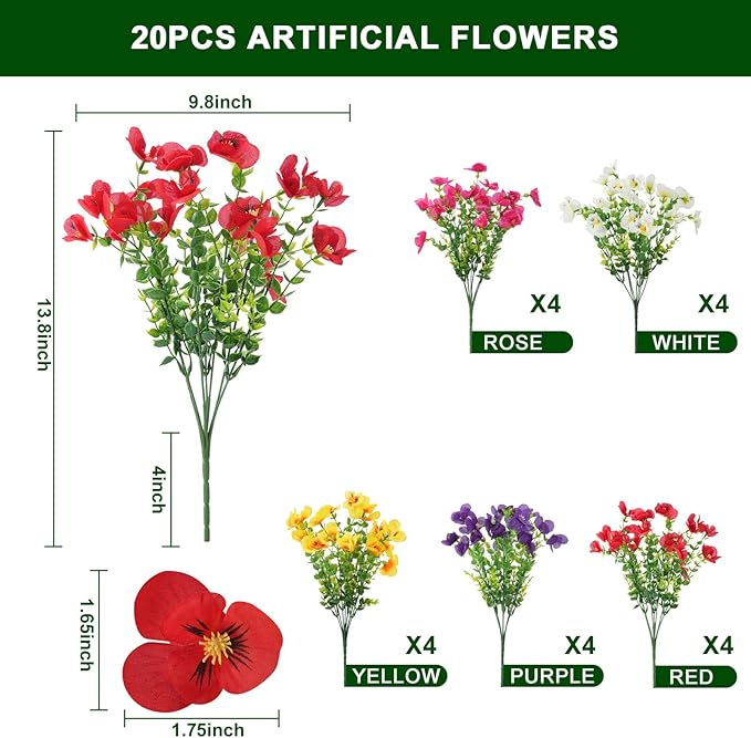 trytuny 20 Pcs Artificial Flowers for Outdoor, UV Resistant Realistic Pansies Fake Flowers for Indoor and Outdoor Garden, Porch, Patio, Window Box Decor All Year Round