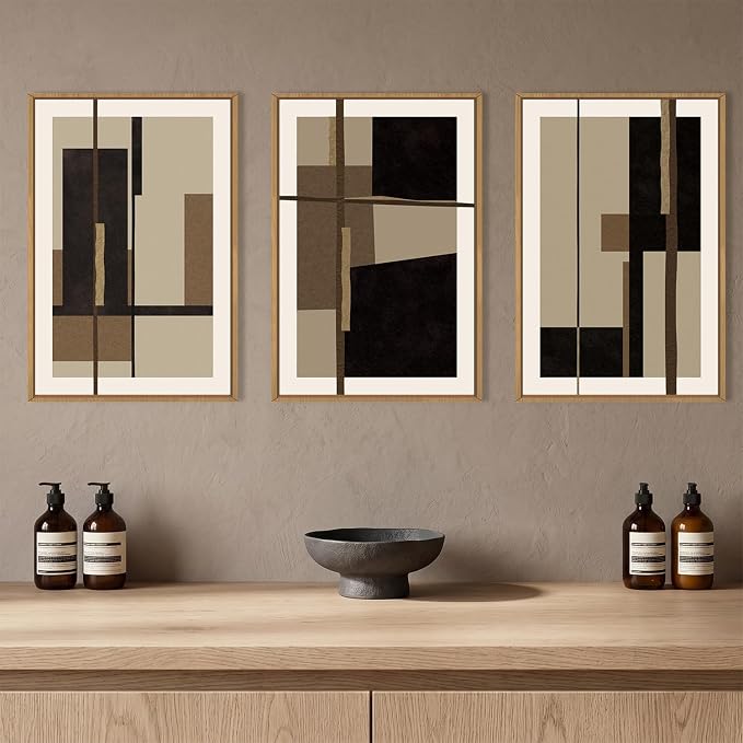 Abstract Shapes Framed Canvas Wall Art Set, Mid-Century Black Polygon Wall Decor, Black Brown Irregular Painting, Neutral Modern Art Print for Living Room, Dining Room, Office - 24"x36"x3