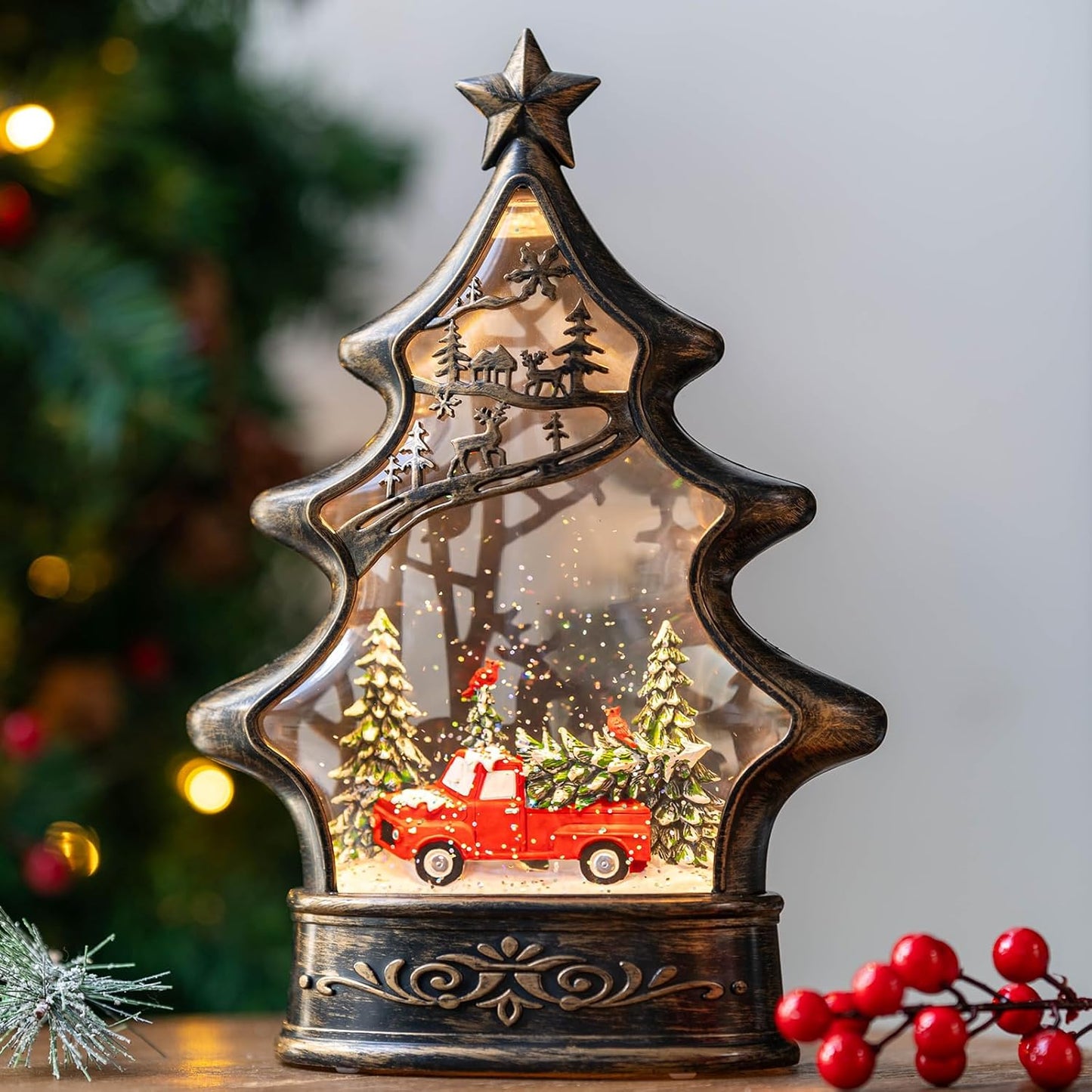 Christmas Snow Globe Lantern Water Glittering Christmas Tree with Red Truck, USB Lined/Battery Operated Lighted Lantern for Christmas Festival Decoration Gifts