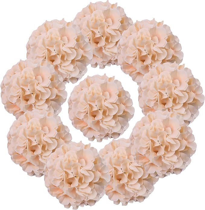 AVIVIHO 10pcs Fake Flowers Champagne Hydrangea Artificial Flowers Bulk (Not Squished, No Steaming Need) Silk Flowers with Stems for Wedding Decor,Home,Baby Shower,Table Centerpieces Decoration