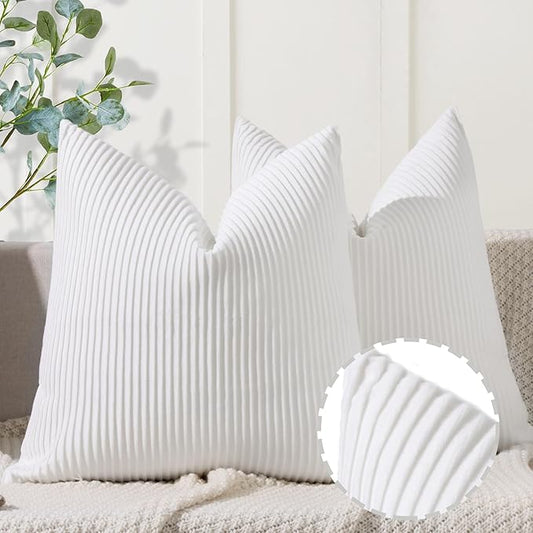 YCOLL White Pillow Covers 16x16 Set of 2 Velvet Striped Pattern - Soft Throw Pillows for Home Decor, Luxury Decorative Pillow Covers for Couch, Bed,Living Room