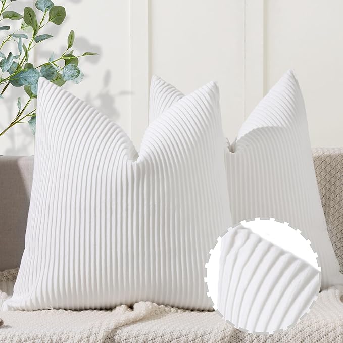YCOLL White Pillow Covers 22x22 Set of 2 Velvet Striped Pattern - Soft Throw Pillows for Home Decor, Luxury Decorative Pillow Covers for Couch, Bed,Living Room