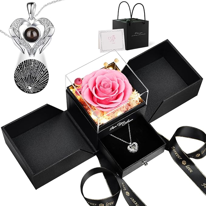 FIACO Gifts for Mom Preserved Real Roses with I Love You Necklace Fresh Forever Flowers Mothers Day Flower Gifts for Women Grandma Anniversary Birthday Gift for Girlfriend Wife Daughter