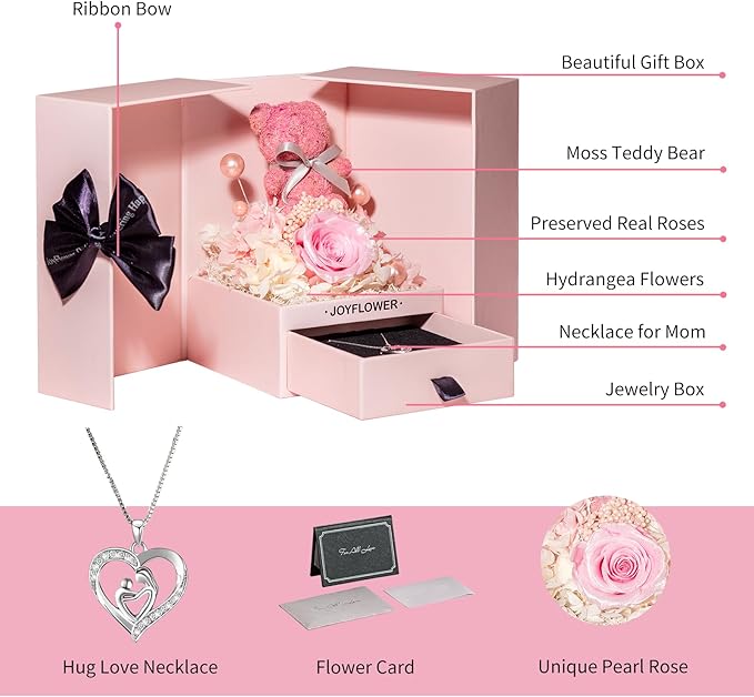 JoyFlower Preserved Flowers with Necklace Gifts for Mom, Unique Pearl Rose Eternal Flower Bear with Necklace Gift for Grandma, Preserved Real Pink Roses Mother's Day Birthday Gift for Mother Grandma