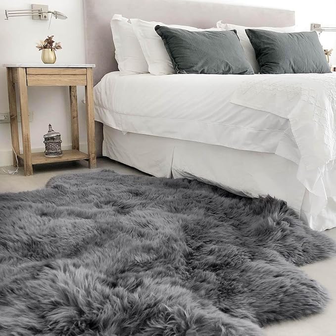 Premium 100% Genuine Sheepskin Rug 5x6 Ft – Natural Soft & Fluffy Grey Lambskin Area Rug for Bedroom or Living Room – Made in Argentina