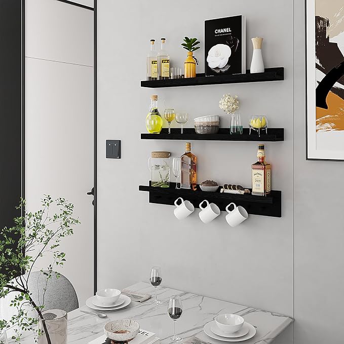 MBYD Solid Wood Black Floating Shelves for Entryway, 36 Inch Wall Shelf with Hooks & Wooden Pegs, Modern Versatile Picture Ledge to Organize Living Room, Bedroom, Declutter Items & Hang Keys, Bags