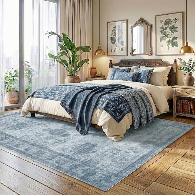 Homemate Washable Rug 5x7 Area Rugs - Vintage Faux Wool Rugs for Living Room Bedroom Dining Room - Non Slip Foldable Carpet Indoor Area Rug for Home Decor（5'x7', Blue