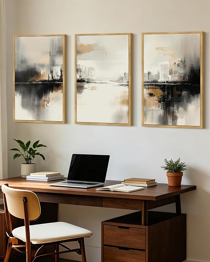 PHOPAGO Black Gray Abstract Landscape Framed Wall Art Large 16x24in Brown Tan Neutral Wall Decor Minimalist Modern Illustrations Prints Bedroom Home Decor - Natural Framed