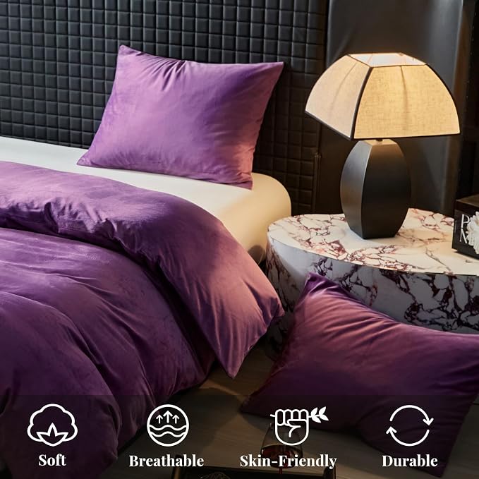 WARMDERN Purple Flanne Velvet Duvet Cover King Sizel Duvet Cover Bedding Sets, 3pcs Ultra Soft Luxury Textured Modern Crystal Velvet Duvet Covers with Zipper Closure(Purple, King)