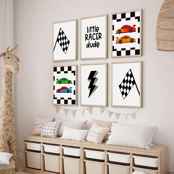 Race Car Wall Art Pictures Boys Room Wall Decor Nursery Toddler Canvas Wall Art Kids Playroom Art Prints Boys Race Car Poster Nursery Artwork Set of 6 for Bedroom 12x16 Inch Wood Framed