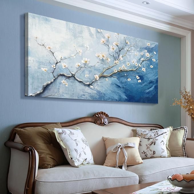 Nicetop Large Wall Art for Living Room– Blue and white Floral Canvas Art Print, Plum Blossom Flower Branch Picture Tree of Life Artwork for Modern Coastal Calming Bedroom Office Wall Decor, 48x24 Inch