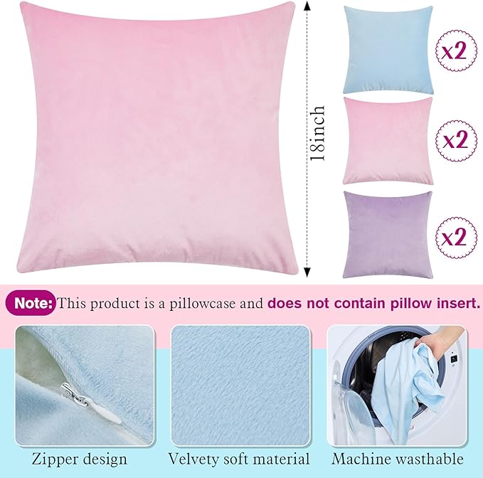 Berlune 6 Pcs Velvet Throw Pillow Covers 18" x 18" Decorative Cushion Cases Soft Pillowcase for Graduation Coquette Party Accessories Couch Sofa Bed Chair Home Decor, No Inserts (Pastel Colors)