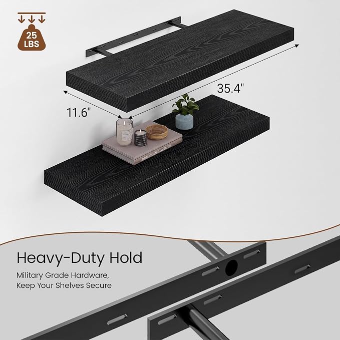 Heimlove 36 Inch Long Floating Shelf for Wall, 12" Deep Black Floating Shelves Shelves for Bedroom Living Room Bedroom, Mounted Shelves for Storage Book Decor, Set of 2