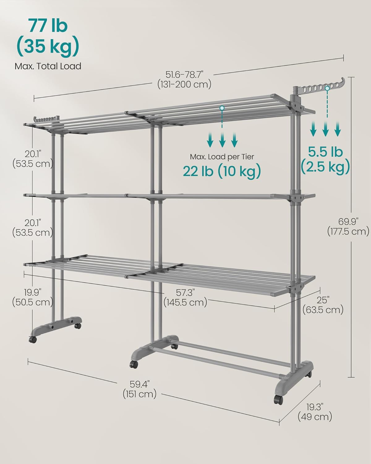 SONGMICS Clothes Drying Rack 4-Tier, Foldable Laundry Drying Rack 69.9-Inch Tall, Extendable Rods, Stainless Steel, Rolling Clothes Horses, Clothes Airer, Indoor Outdoor Use, Dove Gray ULLR704G01