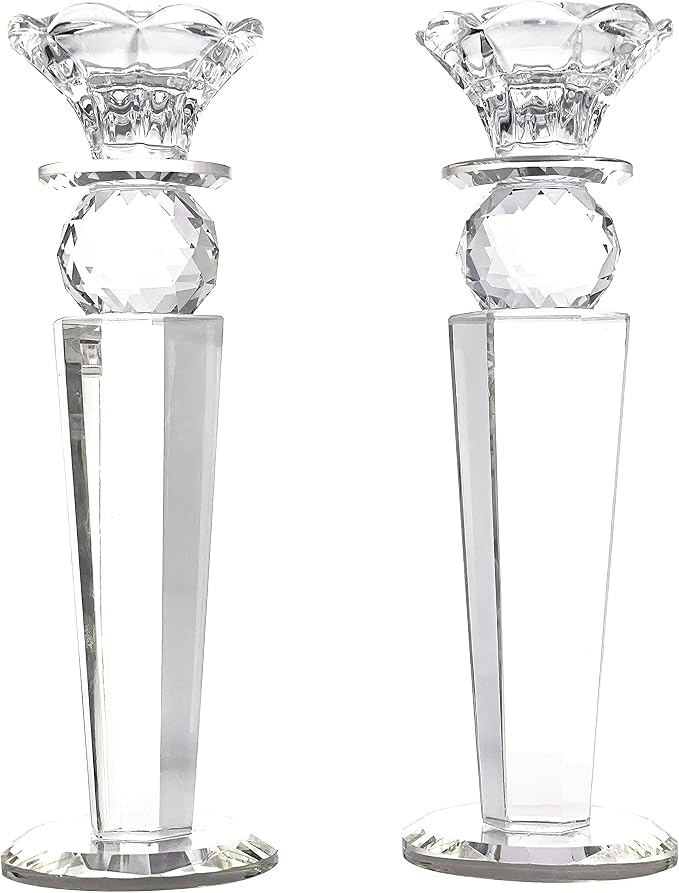 Allgala Set of 2 Crystal Glass Made Reverse Tapered Pillar and Hand Crafted Ball Candlesticks-8.5"-HD89151