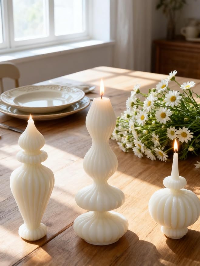 Set of 3 White Pillar Candles Soy Wax Scented Ribbed Candles for Home Decor, Housewarming Gift, Shelf & Table Decor - Aesthetic Modern Candles Set