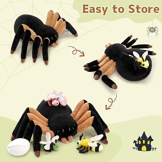 MorisMos 5Pcs Spider Stuffed Animal, 16inch Large Spider Plush with Butterfly, Dragonfly, Bee, Eggshell, Soft Plush Toys for Kids, Boys, Girls