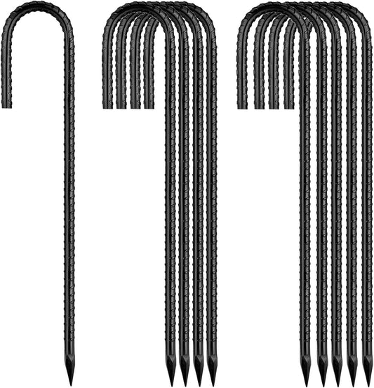 Ground-Stakes-Heavy-Duty-12 inch, J-Hook Rebar Stakes Black Coated Anti-Rust 10pcs Garden Stakes Metal Ground Anchors for Garden Dog Fence Chicken Coop Christmas Decorations Deer Fence