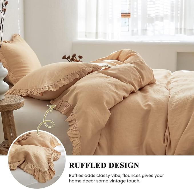 Simple&Opulence 100% Linen Duvet Cover Set, 3 PCS Natural French Flax Sand Ruffle Duvet Cover Full Size, Breathable Comfy Linen Bedding Comforter Cover with 2 Pillowcases (Sand, 78" X 86")