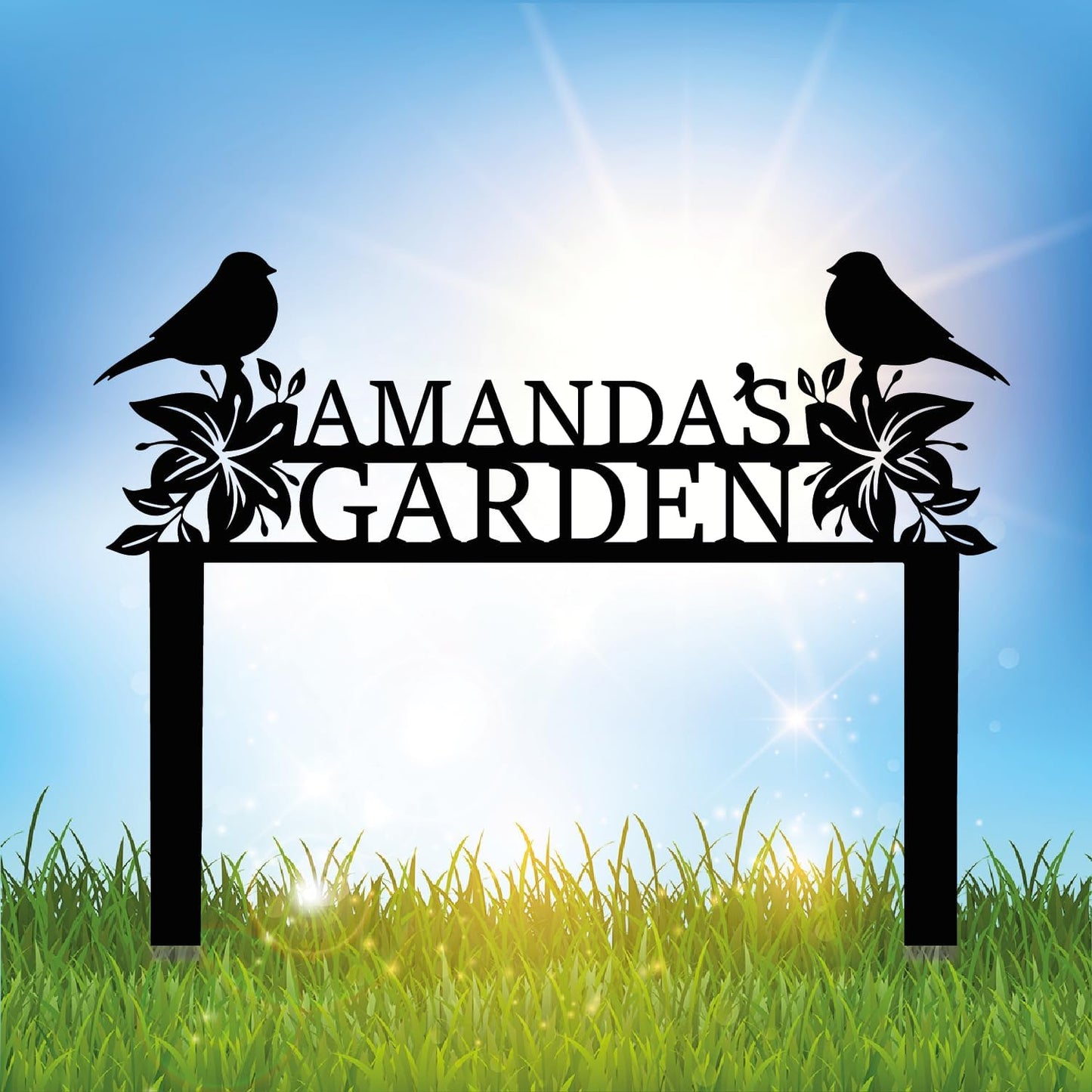 Personalized Metal Garden Name Sign with Flowers and Birds, Custom Yard Sign with Stake