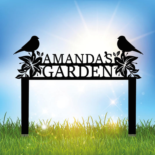 Personalized Metal Garden Name Sign with Flowers and Birds, Custom Yard Sign with Stake