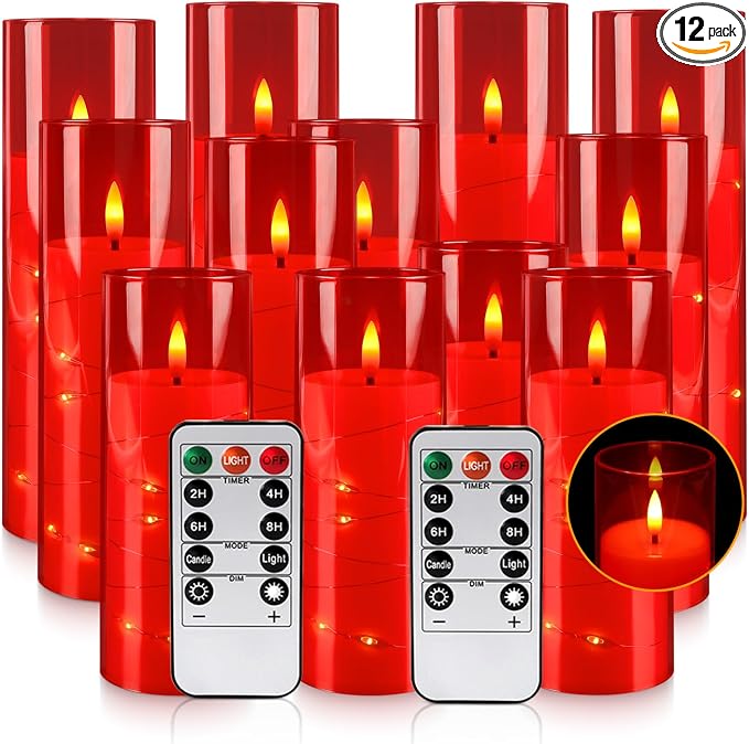 12‑Pack Red Flameless LED Candles(D 2.2" xH 5" 6" 7") with Embedded String Lights,Acrylic Pillar Candles with 2 Remote Timers, Battery‑Operated for Christmas, Halloween & New Year Decor.