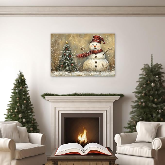 Christmas Poster Wall Art Living Room Bedroom Vintage Winter Snowy Landscape Wall Decor Farmhouse Christmas Seasonal Tree Framed Canvas Snowman Artwork Print Festival Pictures Home Decoration 24x36
