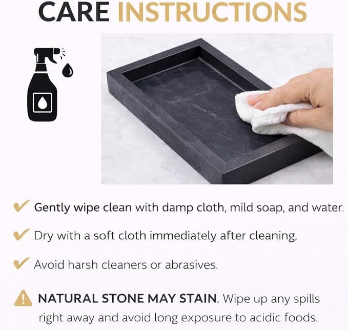 Natural Marble Tray, Black, 10" x 6", Rectangular | Bathroom Vanity Desktop Organizer, Stone Material, For Coffee Table Dresser Nightstand