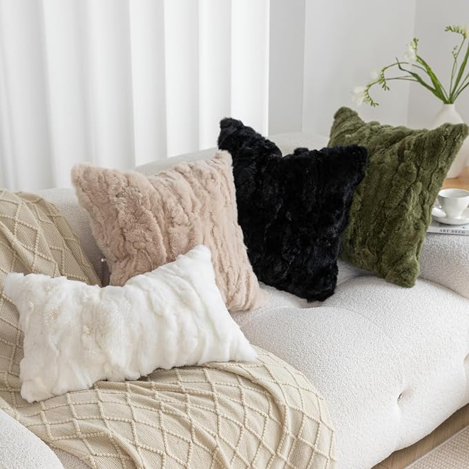 Genuine Rabbit Fur Throw Pillow Covers Set of 2,Luxury Decorative Pillowcases Soft Fluffy Animal Skin Accents Square Cushion Cover for Couch Sofa Bedroom Living Room Home,18x18 inch,Black