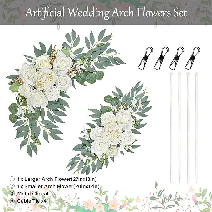 Wedding Arch Faux Flowers Set of 2, Wedding Welcome Signs Greenery Garland Decoration for Ceremony, Reception, Backdrop (White)