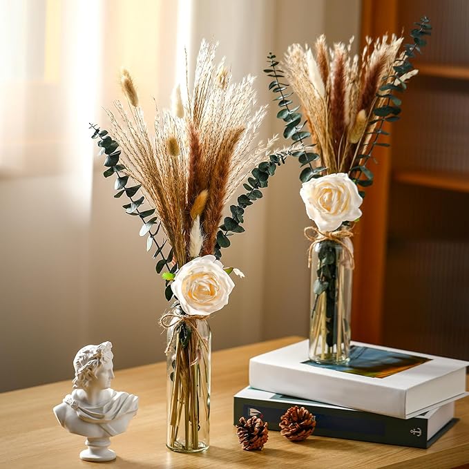 Qinyoung 10 Set Dried Pampas Grass Centerpiece for Wedding Baby Shower Party 10 Glass Flower Jars 10 Artificial Roses 80 Dried Pampas Grass with Rope for Rustic Bridal Farmhouse Decoration(White)