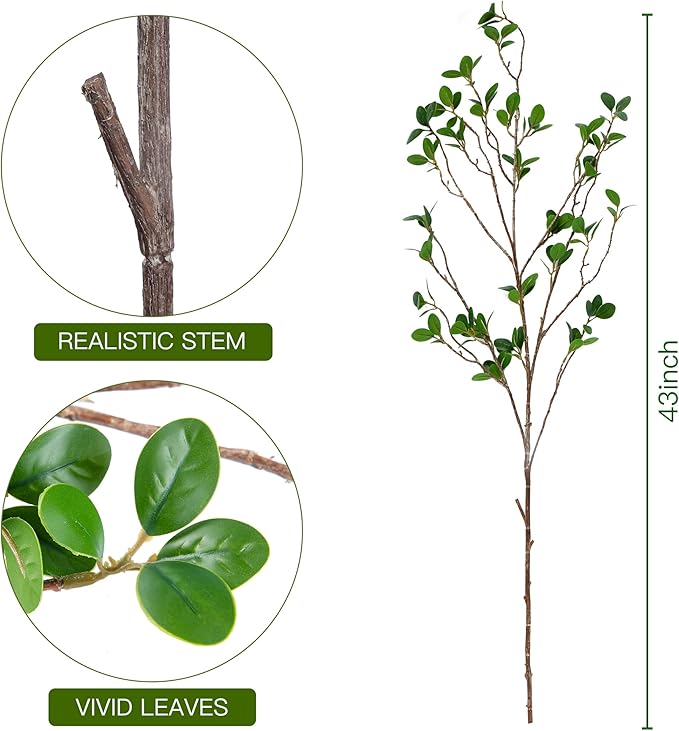 Sggvecsy 43’’ 2Pcs Artificial Ficus Branches Faux Leaf Spray Green Eucalyptus Branches Artificial Greenery Stems Fake Ficus Twig Plants for Home Office Wedding Vase Filler Shop Decoration