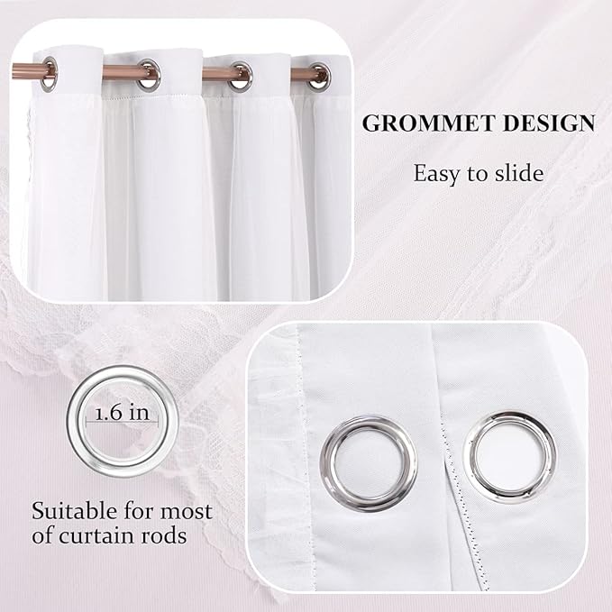 Greyish White Curtains Double Layered Solid Blackout and Sheer Window Treatment Panels Pair with Grommet Top for Living Room Patio Door, 52 x 108 inches, Greyish White, 2 PCs