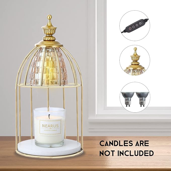 Candle Warmer Lamp, Auto Shut Off and Brightness Heat Level Control with Timer and Dimmable Switch, Top-Down Candle Melting with Marble Base and 2 Bulbs(Black)