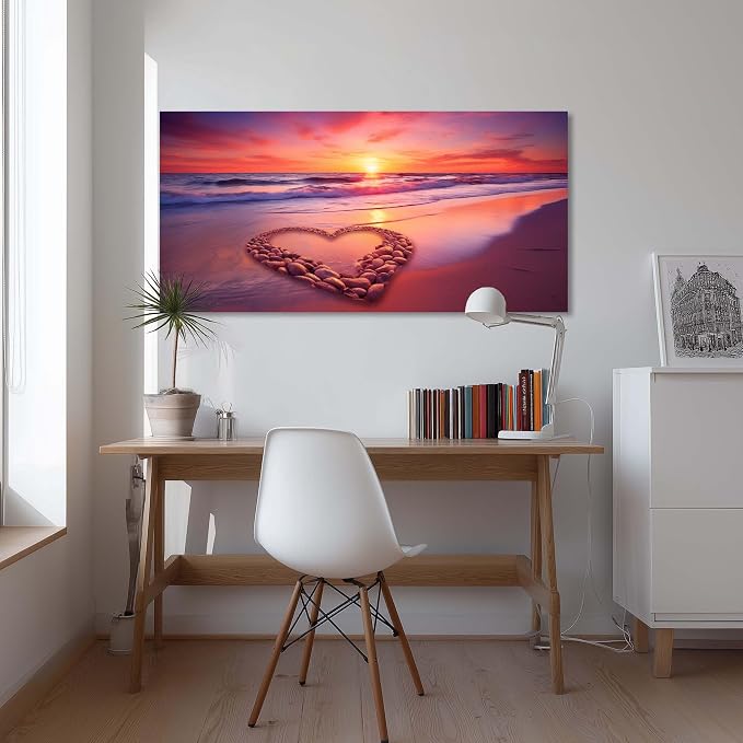Ggaafet Romantic Love Beach Wall Art for Living Room Canvas Painting Prints Romance Sunset Red Sandbeach Art Deco Modern Artwork Office Bedroom Family Room Decor Large