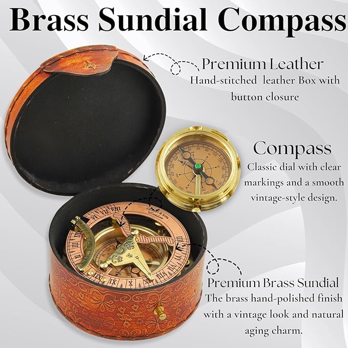 Personalized Engraved Antique Brass & Copper Sundial Compass, Sundial Clock in Leather Box Gift Sun Clock Ship Replica Watch