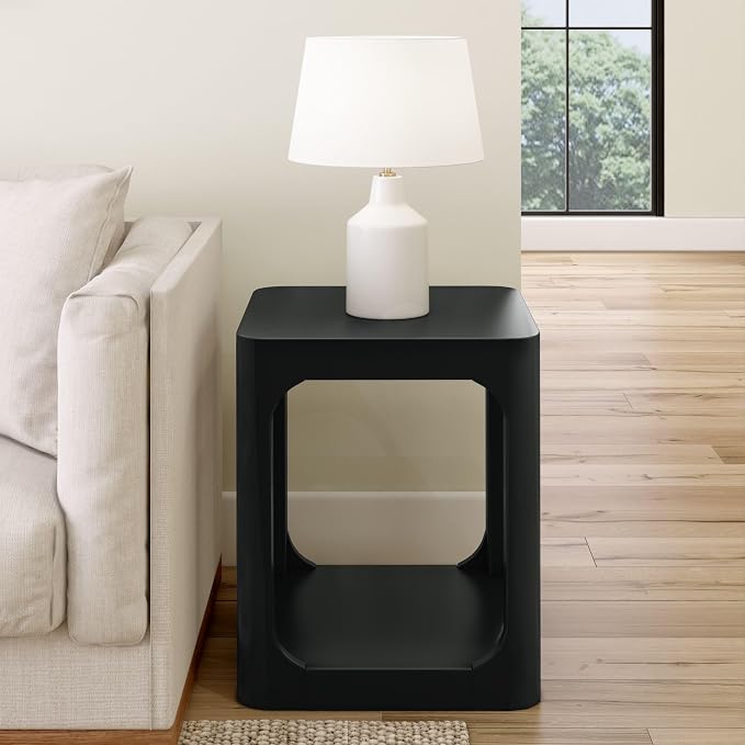 Plank+Beam Modern Rounded Square Side Table with Shelf, Solid Wood End Table for Living Room, 20in, Black