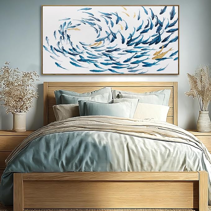 Kureful Fish Home Wall Decor White And Blue Wall Art Ocean Fishes Canvas Pictures 24"x48" Artwork for Bedroom Kitchen Poster