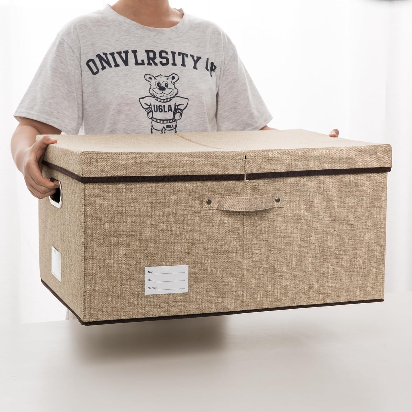 PRANDOM Storage Bins with Lids [3-Pack] Jute Fabric Foldable Storage Boxes Organizer Containers Baskets Cube with Cover for Home Bedroom Closet Office Nursery khaki（23.4X15.9X11.5