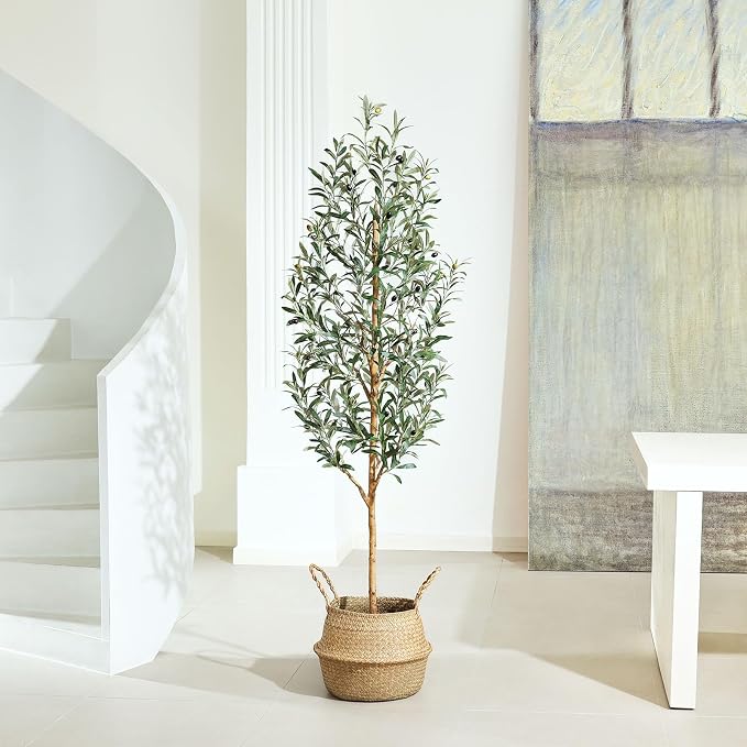 Faux Olive Tree 6FT – Tall Artificial Plants Indoor with Real Wood Trunk & Seagrass Basket, Lifelike Silk Leaves & Fruits – Potted Large Fake Trees for Home, Living Room, Bedroom & Office Decor