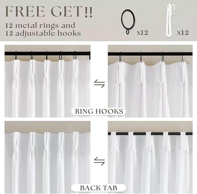 White Pinch Pleated Linen Curtains 102 Inches Long 60 Inch Width Linen Blend Light Filtering Window Curtains 102 Inch for Living Room Bedroom Patio Pinch Pleat Drapes Hooks Rings 1 Panel 60Wx102L