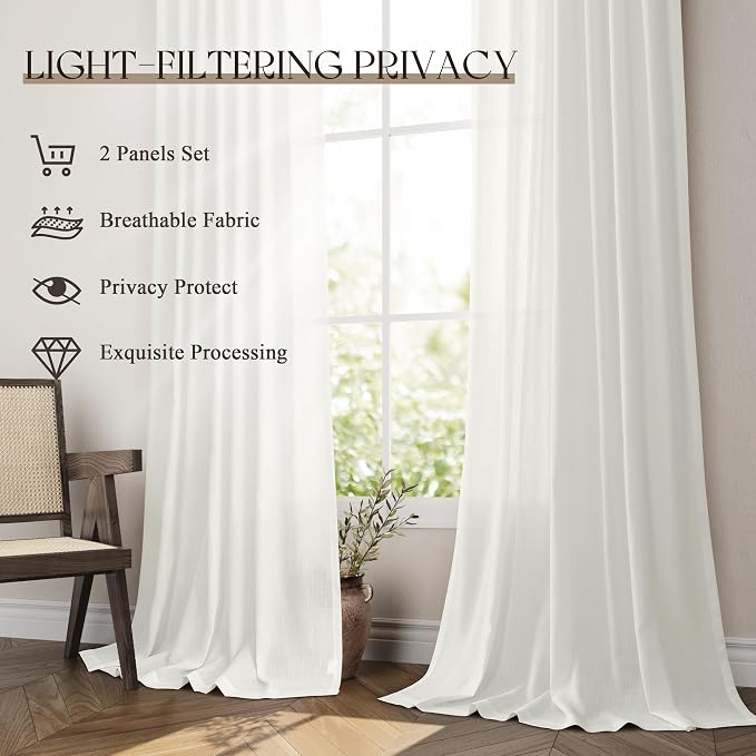 Jowels Ivory Linen Curtains 84 Inch Long 2 Panels for Living Room | White Light Filtering Semi Sheer Curtain,Back Tab Pocket Pleated Look,Farmhouse Textured Privacy Drapes for Bedroom Window