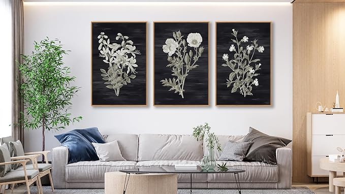 Large Botanical Wall Art for Living Room Natural Wood Float Framed Art Set of 3 White Flowers Pictures Artwork Green Leaf Canvas Prints for Bedroom Kitchen Home Office Wall Decor 24"X36"X3