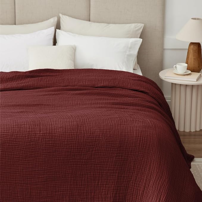 100% Cotton Muslin Blanket California King 120" x 90", 6 Layers Breathable and Lightweight Oversized Blankets for Bed, Soft Cooling Gauze Blanket for Adults All Season, Burgundy