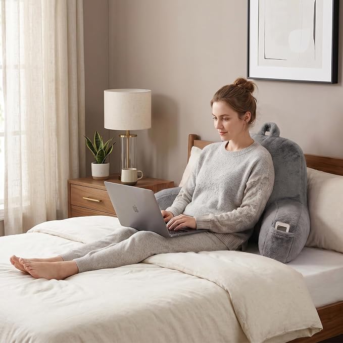 Soft Reading Pillow for Bed with Arms,Middle,Gray,Faux Fur | 17" Backrest with Arms for Gaming & Lounging,Oeko-TEX Certified Plush Back Pillow for Teens Room