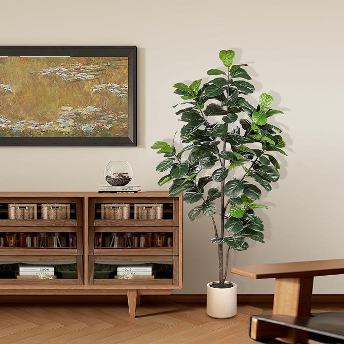LYERSE Fiddle Leaf Fig Tree Artificial - 6ft Faux Fiddle Leaf Fig Tree with White Planter - Fig Tree Artificial with Lifelike Leaves for House Office Living Room Indoor Home Decor